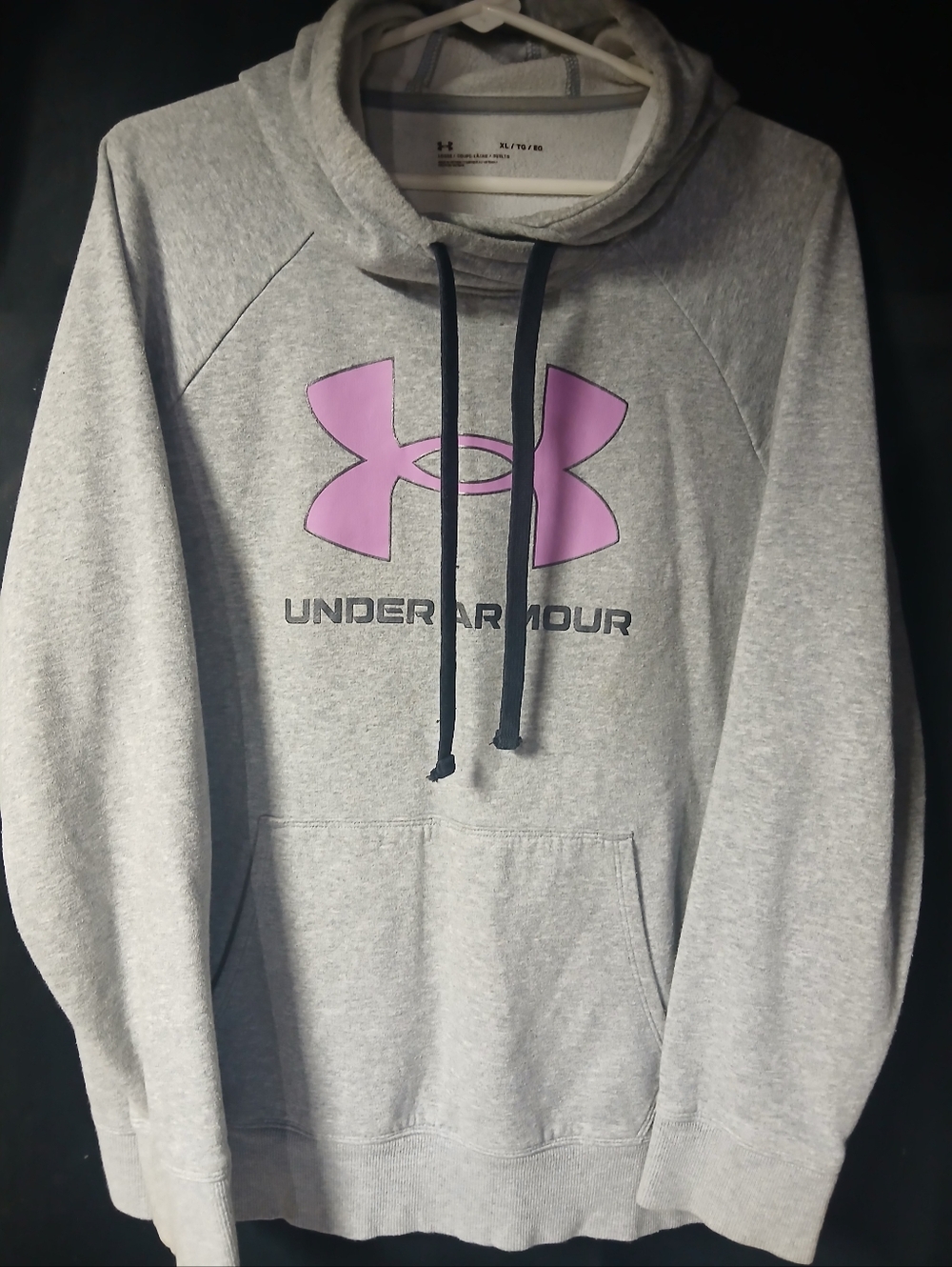 Under Armour Light Gray Hoodie with Pink Logo and Black Drawstrings